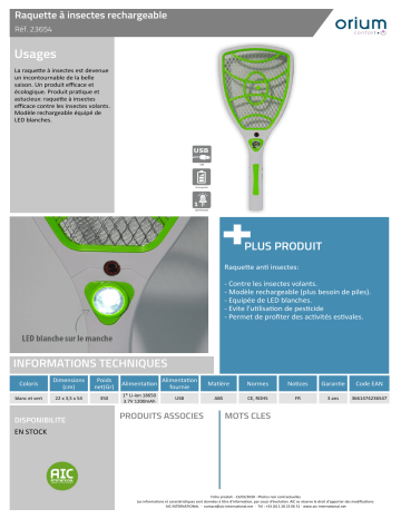 Product information | Orium raquette à insectes rechargeable Raquette à insectes Manuel utilisateur | Fixfr