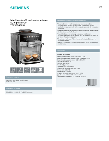 Product information | Siemens EQ.6+ S500 INOX MAXI PACK Expresso Broyeur Product fiche | Fixfr