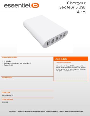 Product information | Essentielb 5 USB 5.4A Chargeur secteur Product fiche | Fixfr