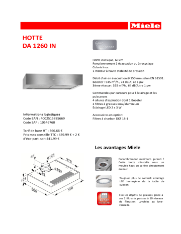 Product information | Miele DA1260IN Hotte décorative murale Product fiche | Fixfr