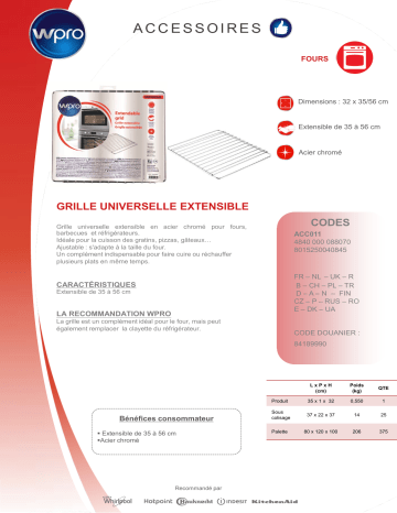 Product information | Wpro grille pour four Grille Product fiche | Fixfr