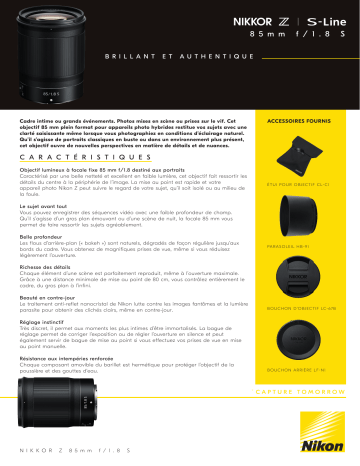 Product information | Nikon NIKKOR Z 85mm f/1.8 S Objectif pour Hybride Plein Format Manuel utilisateur | Fixfr