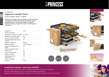 Product information | Princess Pure 4 personnes Raclette Product fiche | Fixfr