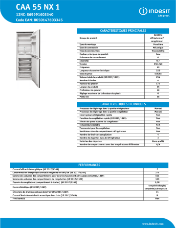 Product information | Indesit CAA55NX1 Réfrigérateur combiné Product fiche | Fixfr