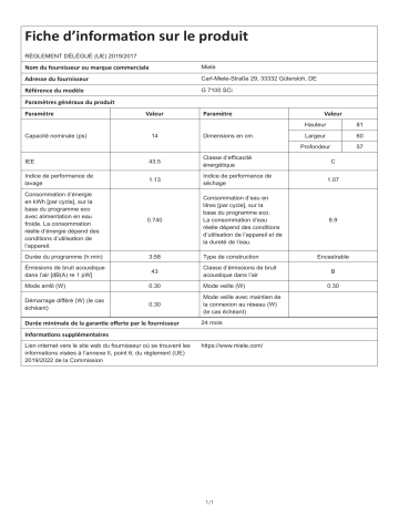G 7100 SCi BB | Product information | Miele G 7100 SCi NR Lave vaisselle encastrable Product fiche | Fixfr