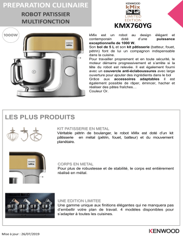 Product information | Kenwood KMX760YG Kmix Gold Robot pâtissier Product fiche | Fixfr