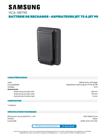 Product information | Samsung Compatible Jet 75/90 silver Batterie aspirateur Product fiche | Fixfr