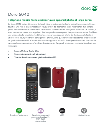 Product information | Doro 6040 Noir Téléphone portable Product fiche | Fixfr