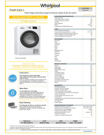 Product information | Whirlpool FFTM228X3BFR Sèche linge pompe à chaleur Product fiche | Fixfr