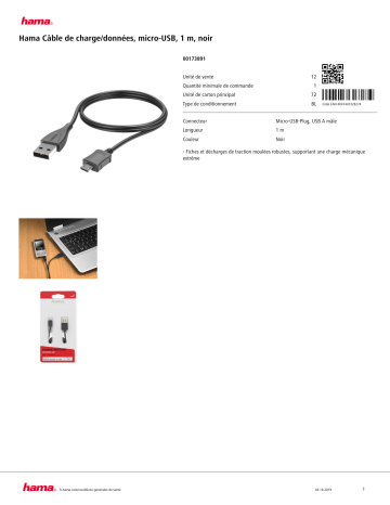 Product information | Hama 1M Noir Câble micro USB Product fiche | Fixfr