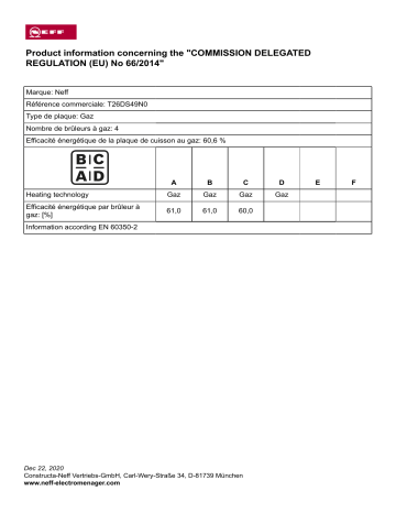 Product information | Neff T26DS49N0 N70 Table gaz Product fiche | Fixfr