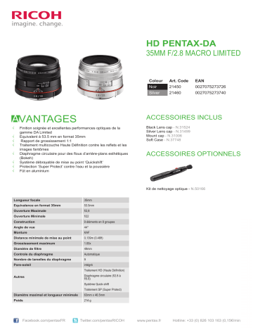 Product information | Pentax SMC DA 35mm f/2.4 AL Objectif pour Reflex Product fiche | Fixfr