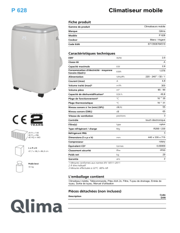 Product information | Qlima P 628 Climatiseur Product fiche | Fixfr