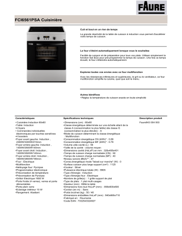 Product information | Faure FCI6561PSA Cuisinière induction Product fiche | Fixfr