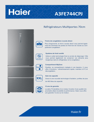 Product information | Haier A3FE744CPJ Réfrigérateur multi portes Product fiche | Fixfr