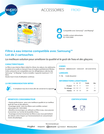 Product information | Wpro LOT DE 2 FILTRES US SMG001 SAMSUNG Filtre à eau Product fiche | Fixfr