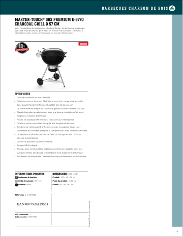 Product information | Weber Master-Touch GBS Premium E-5770 Charcoal Barbecue charbon Product fiche | Fixfr