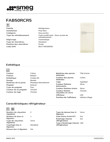 Product information | Smeg FAB50RCR5 Réfrigérateur combiné Product fiche | Fixfr