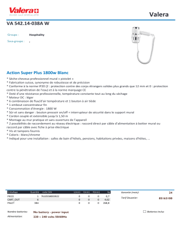 Product information | Valera ACTION SUPER PLUS VA542.14.038a w Sèche cheveux Product fiche | Fixfr