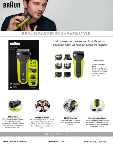 Product information | Braun SERIES 3 300BT - Volt Green Rasoir électrique Product fiche | Fixfr