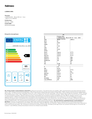 Product information | Falmec LUMINA 1430 MURAL 90 INOX/VERRE Gris Hotte décorative murale Product fiche | Fixfr