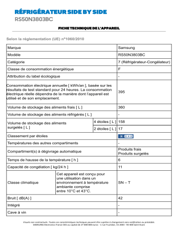 Product information | Samsung RS50N3803BC Réfrigérateur Américain Product fiche | Fixfr