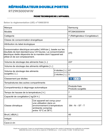 Product information | Samsung EX RT29K5000WW Réfrigérateur 2 portes Product fiche | Fixfr