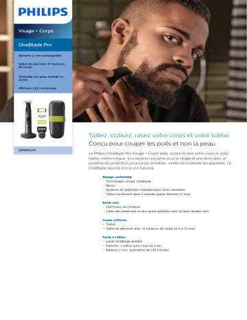 Product information | Philips OneBlade Pro Visage & Corps QP6650/61 Tondeuse barbe Product fiche | Fixfr
