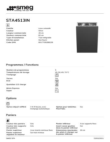 Product information | Smeg STA4513IN Lave vaisselle tout intégrable Product fiche | Fixfr