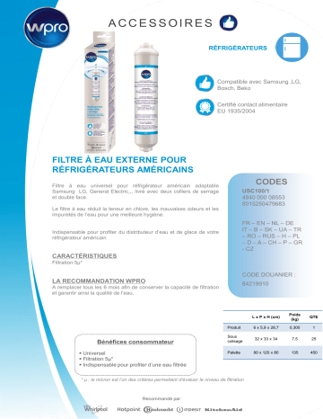 Product information | Wpro A EAU USC100/1 Filtre à eau Product fiche | Fixfr