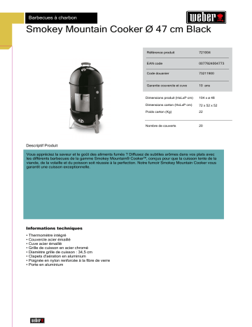 Product information | Weber SMOKEY MOUNTAIN COOKER 47 cm noir Fumoir Product fiche | Fixfr