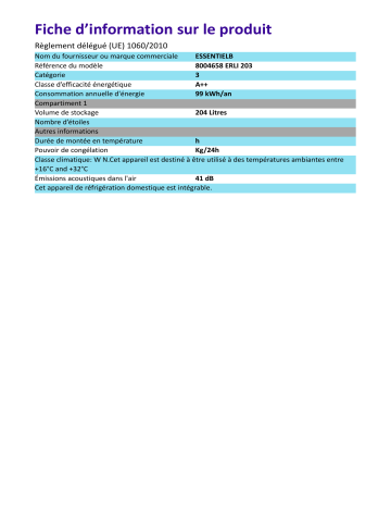 Product information | Essentielb ERLI 203 Réfrigérateur 1 porte encastrable Product fiche | Fixfr