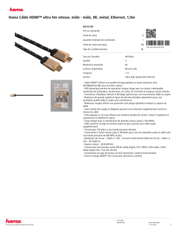 Product information | Hama 8K metal ethernet 1M Câble HDMI Product fiche | Fixfr