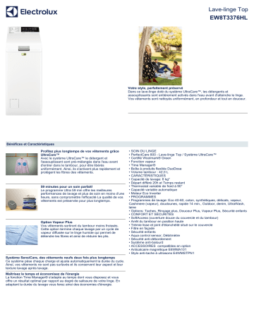 Product information | Electrolux EW8T3376HL/ Lave linge top Product fiche | Fixfr