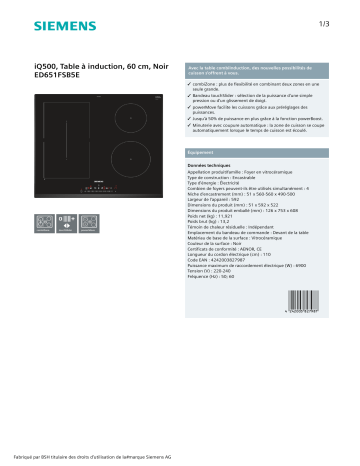 Product information | Siemens ED651FSB5E PerfectFry Table induction Product fiche | Fixfr