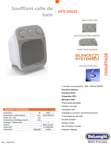 Product information | Delonghi HFS50D22 WH Chauffage soufflant Product fiche | Fixfr