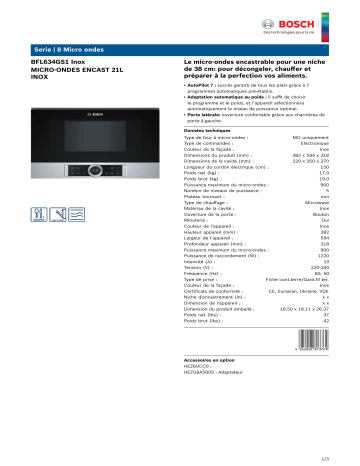 Product information | Bosch BFL634GS1 Série 8 Micro ondes encastrable Product fiche | Fixfr