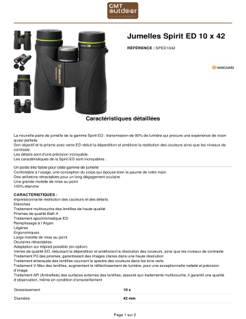 Product information | Vanguard Spirit ED 10x42 Jumelles Product fiche | Fixfr