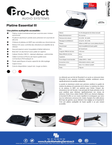 Product information | Pro-Ject Essential III blanche OM10 fr Platine vinyle Product fiche | Fixfr