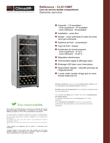 Product information | Climadiff CLS110MT Cave à vin de service Product fiche | Fixfr