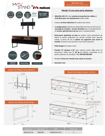 Product information | Meliconi Malaga 120 cm bois Meuble TV Product fiche | Fixfr