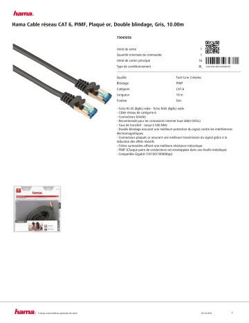 Product information | Hama Cable 10m CAT6 Câble Ethernet Product fiche | Fixfr