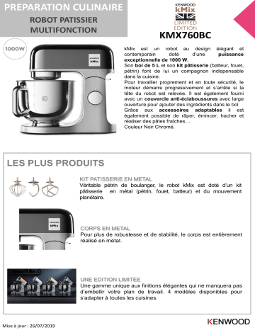 Product information | Kenwood KMX760BC Kmix Noir Glossy Robot pâtissier Product fiche | Fixfr
