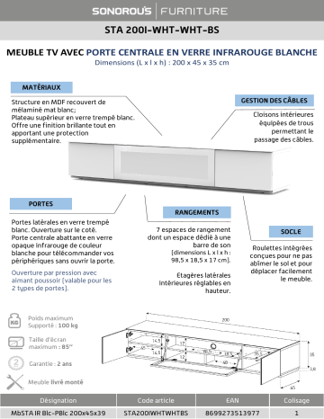 Product information | Meliconi Studio STA 200 Blanc Porte IR Meuble TV Product fiche | Fixfr