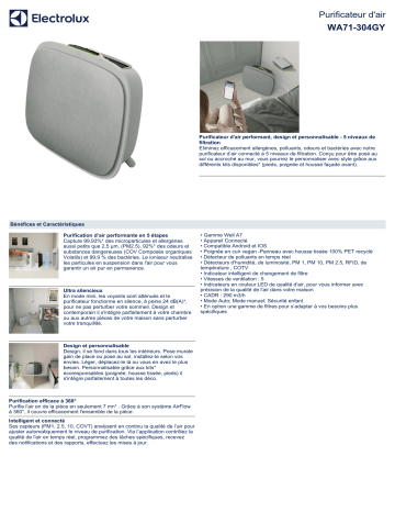 Product information | Electrolux WellA7 Light Grey Purificateur d'air Product fiche | Fixfr
