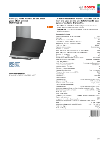 Product information | Bosch DWK065G60 SERIE 2 Hotte décorative murale Product fiche | Fixfr