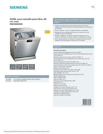 Product information | Siemens EX SN236I02GE IQ300 Lave vaisselle 60 cm Product fiche | Fixfr