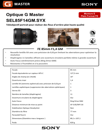 Product information | Sony 85mm Monture FE f/1.4 GM Objectif pour Reflex Plein Format Product fiche | Fixfr