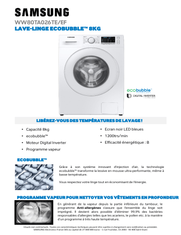 Product information | Samsung WW80TA026TE Lave linge hublot Product fiche | Fixfr