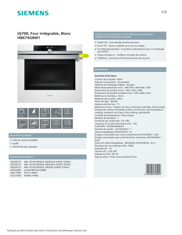 Product information | Siemens HB674GBW1 Four encastrable Product fiche | Fixfr
